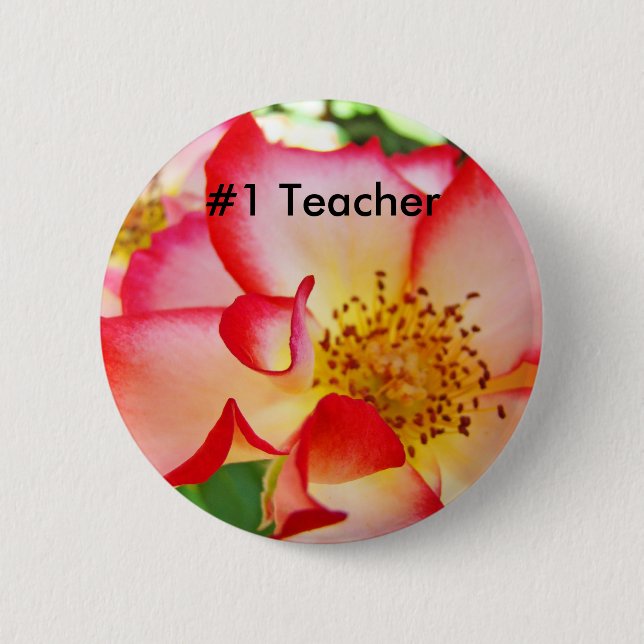 #1 Lehrer-Buttons ROTE Weiße Rosen Blumen Hell Button (Vorderseite)