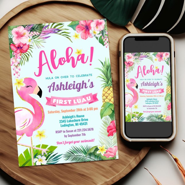 1. Luau Birthday Tropical Summer Einladung (1st Luau Birthday Invitation Template - Luau First Birthday - Tropical Birthday Theme)