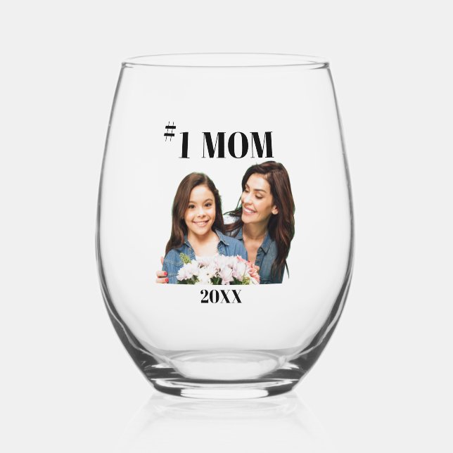 #1 Mama/Foto Stemless Wine Glass Weinglas Ohne Stiel (Vorderseite)