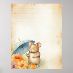 1 Maus mit blauem Schirm orange-rosa Blume Poster