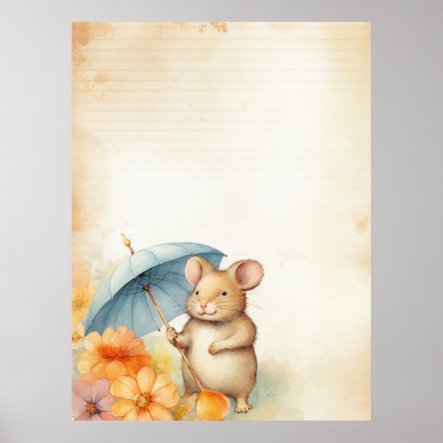 1 Maus mit blauem Schirm orange-rosa Blume Poster (Vorne)