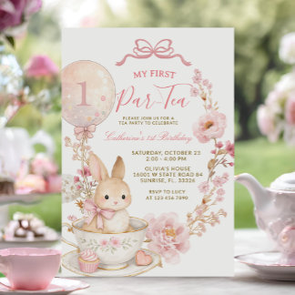 1. Par-Tea-Häschen Erster Geburtstag Party Mädchen Einladung