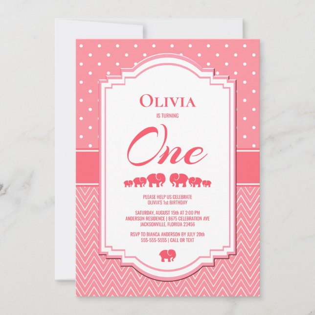 1. Party der rosa Elefanten zum Geburtstag Einladung (Vorderseite)
