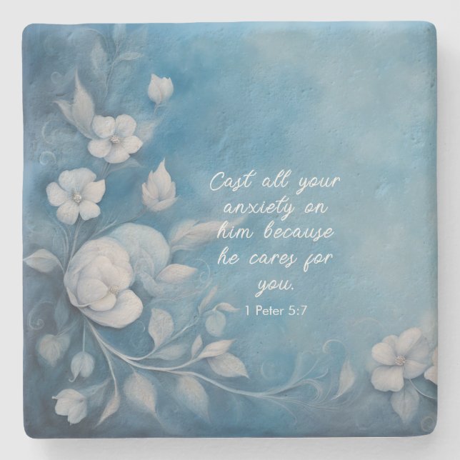 1 Peter 5:7 Bibelverse Bild Steinuntersetzer (Vorderseite)