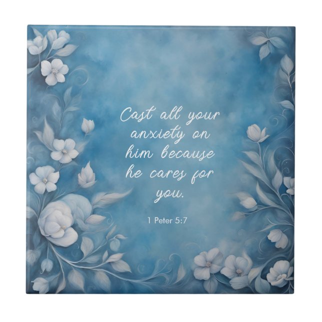 1 Peter 5:7 “Cast All Your Anxiety” Blue Floral Fliese (Vorderseite)