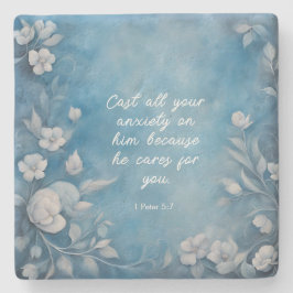 1 Peter 5:7 “Cast All Your Anxiety” Blue Floral Steinuntersetzer