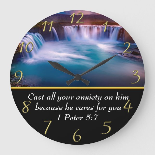 1 Peter 5:7 Christlich Glaube an einen Wasserfall Große Wanduhr (Vorderseite)