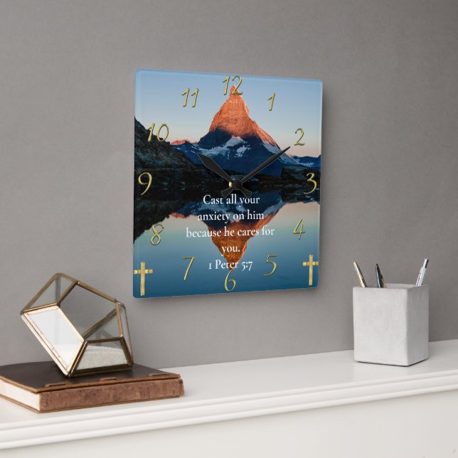 1 Peter 5:7 Christlicher Blick auf den See Quadratische Wanduhr (Büro)