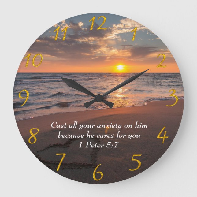 1 Peter 5:7 Christliches Meer mit Sonnenuntergang Große Wanduhr (Vorderseite)