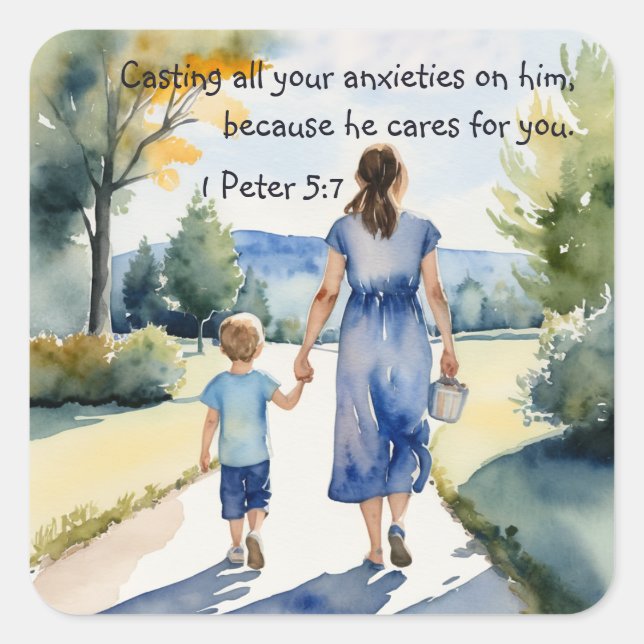 1 Peter 5:7 Gießen Sie alle Ihre Ängste auf ihn Quadratischer Aufkleber (Vorderseite)
