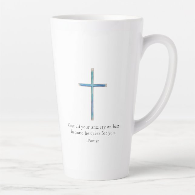 1 Peter 5.7 Minimalistisches Kreuz Milchtasse (Rechts)