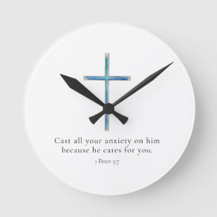 1 Peter 5.7 Minimalistisches Kreuz Runde Wanduhr