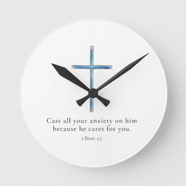 1 Peter 5.7 Minimalistisches Kreuz Runde Wanduhr (Vorderseite)