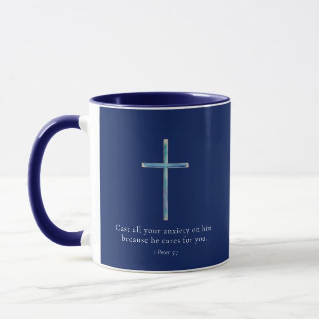 1 Peter 5.7 Minimalistisches Kreuz Tasse (Links)