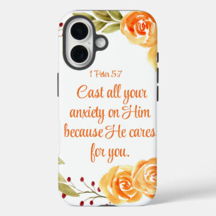 1 Peter 5:7 Orangefarbene Bibelschrift iPhone 16 Hülle