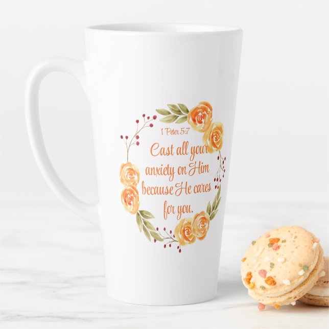 1 Peter 5:7 Orangefarbene Bibelschrift Milchtasse (Beispiel)