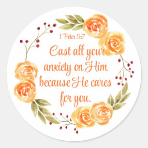 1 Peter 5:7 Orangefarbene Bibelschrift Runder Aufkleber