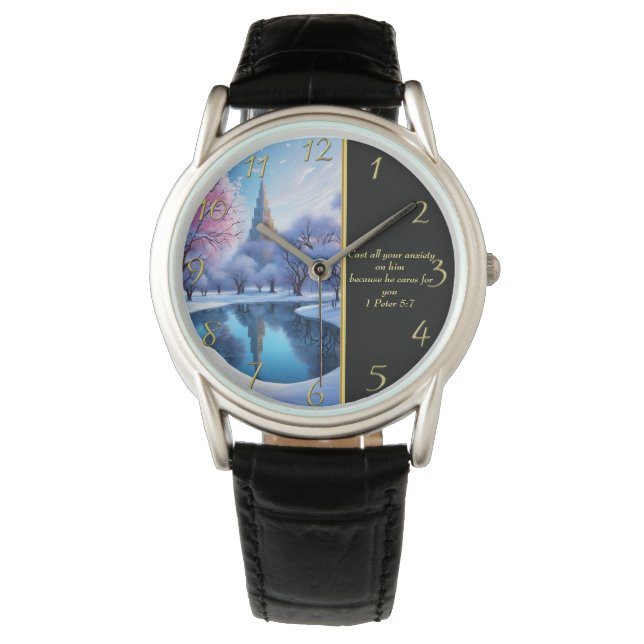 1 Peter 5.7 Weiße Kirche Armbanduhr (Vorderseite)