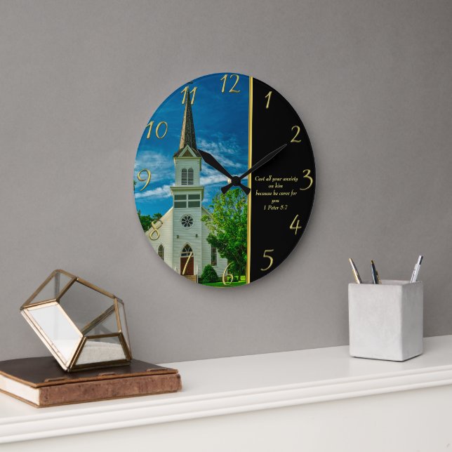 1 Peter 5.7 Weiße Kirche Große Wanduhr (Büro)