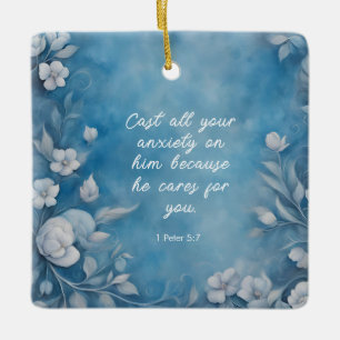 1. Petrus 5,7 „Alle eure Sorge“ Blaue Blumen Keramikornament