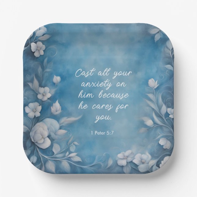 1. Petrus 5,7 „Alle eure Sorge“ Blaue Flora Pappteller (Vorderseite)