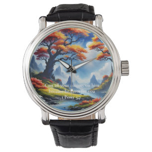 1 Petrus 5,7 Kreuz auf einem Berg Armbanduhr