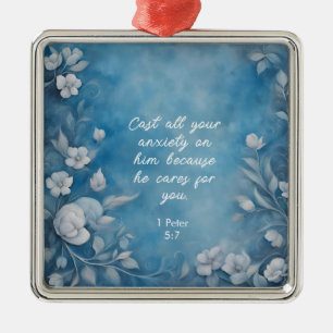 1. Petrus 5,7 „Werft alle eure Angst“ Blaue Flora Ornament Aus Metall