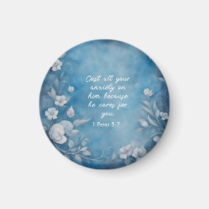 1 Petrus 5:7 „Werft alle eure Angst“ Blaues Floral Magnet