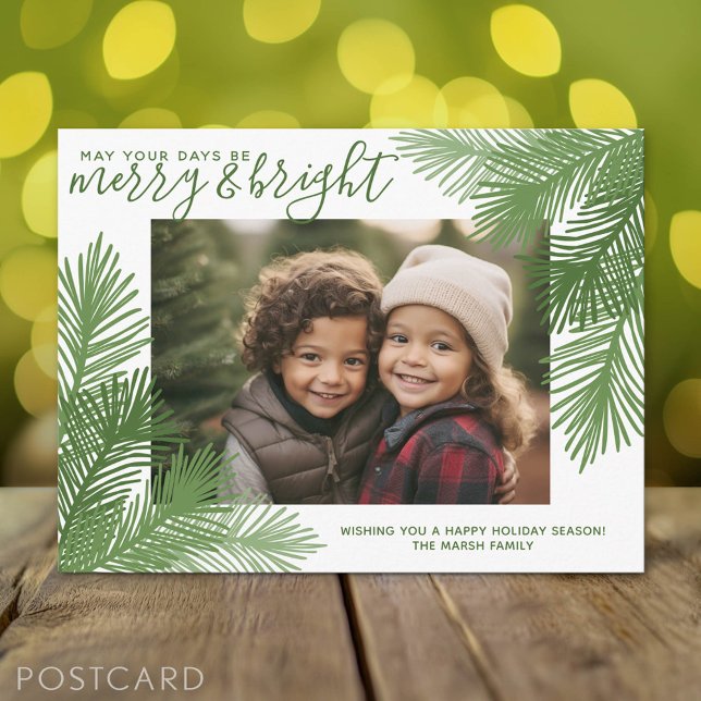 1 Photo Merry Bright Calligraphy Modern Christmas Feiertagspostkarte (Holiday Photo Postcard)