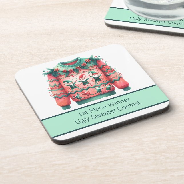 1. Platz Gewinner Ugly Sweater Contest Pink Green Getränkeuntersetzer (Linke Seite)