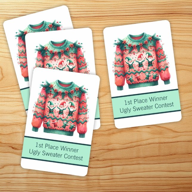 1. Platz Gewinner Ugly Sweater Contest Pink Green Spielkarten (Von Creator hochgeladen)