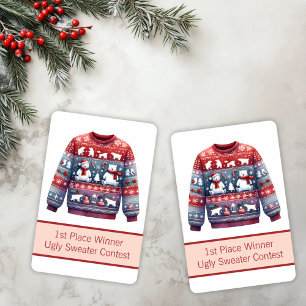 1. Platz Gewinner Ugly Sweater Contest Red Blue Spielkarten