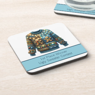 1. Platz Gewinner Ugly Sweater Contest Tree Lights Getränkeuntersetzer