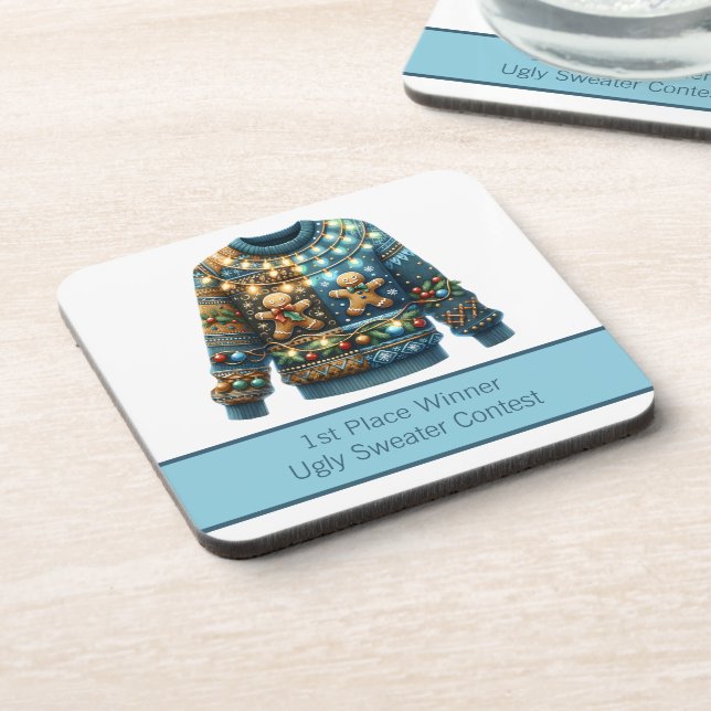 1. Platz Gewinner Ugly Sweater Contest Tree Lights Getränkeuntersetzer (Linke Seite)