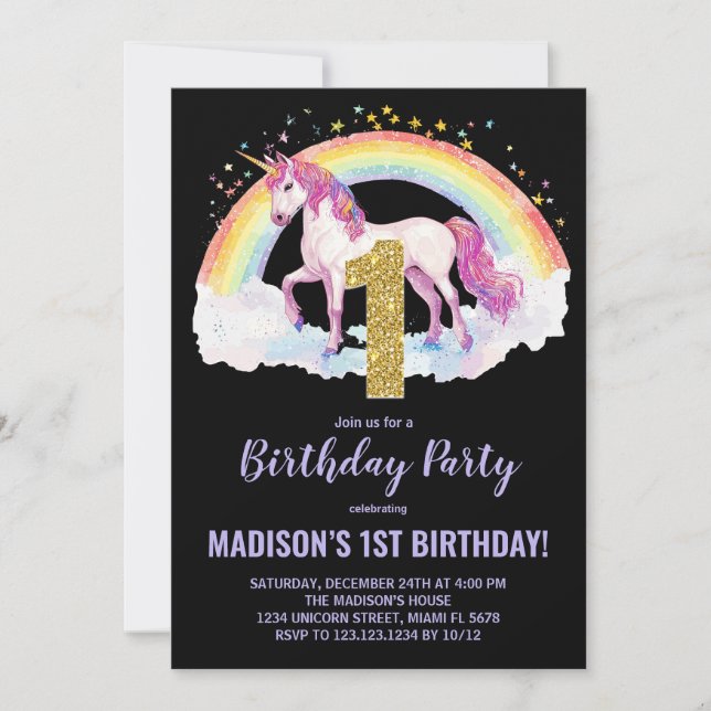 1. Rainbow Unicorn Geburtstag Einladungen (Vorderseite)