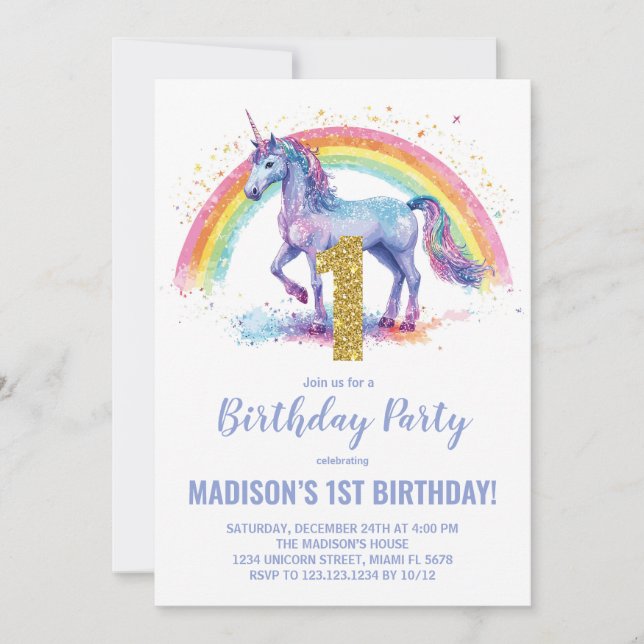 1. Rainbow Unicorn Geburtstag Einladungen (Vorderseite)