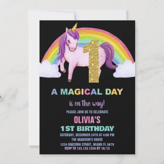 1. Rainbow Unicorn Geburtstag Einladungen Glitzer