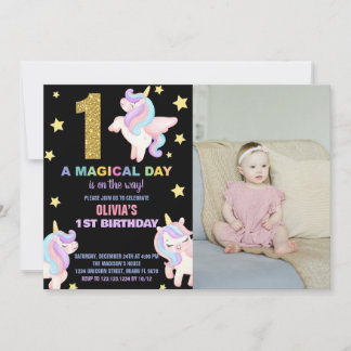 1. Rainbow Unicorn Geburtstag Einladungen mit Foto