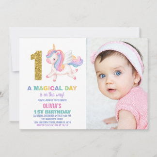 1. Rainbow Unicorn Geburtstag Einladungen mit Foto