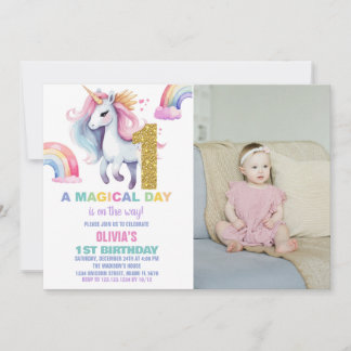 1. Rainbow Unicorn Geburtstag Einladungen mit Foto