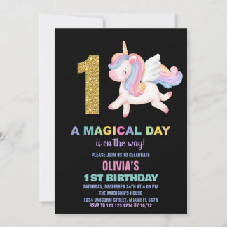 1. Rainbow Unicorn Geburtstag Einladungen Schwarz