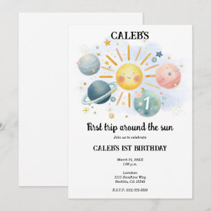 1. Reise um die Sonne Pastell-Wasserfarbe 1 Party Einladung