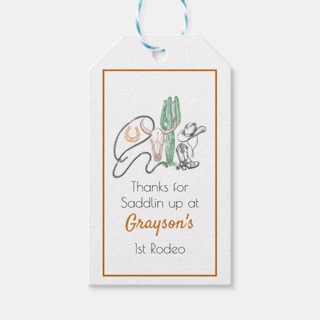 1. Rodeo, Erster Rodeo Geburtstag, Cowboy Geburtst Geschenkanhänger (Vorderseite)