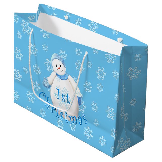 1. Schneemann und -schneeflocken des Babys Große Geschenktüte (Vorderseite Schrägansicht)