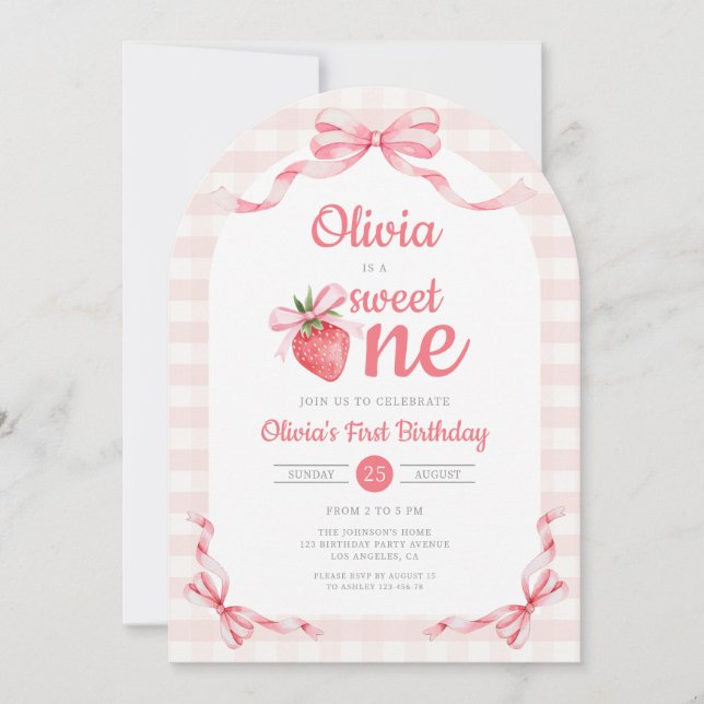 1 Süße Eine Erdbeermädchen 1. Geburtstag Einladung (Vorderseite)