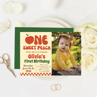 1 Sweet Peach- Retro Pfirsich 1. Geburtstags-Foto Einladung