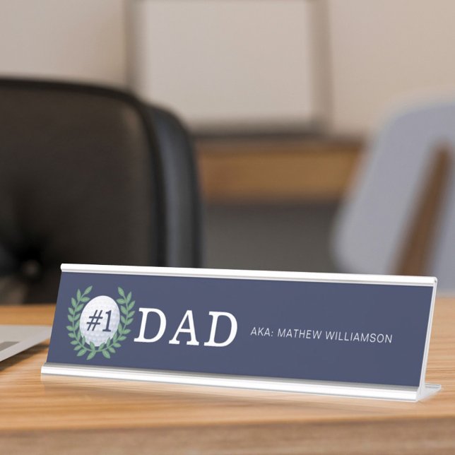 1 Vater, Golf Ball & Laurel Wreath Navy Blue Schreibtischnamensplakette (Von Creator hochgeladen)