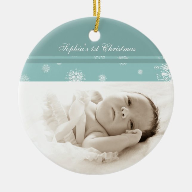 1. Verzierung des aquamarinen Foto-Babys Keramikornament (Vorne)