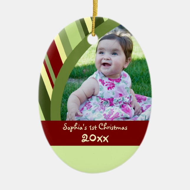1. Verzierung des Streifen-Foto-Babys Weihnachts Keramikornament (Vorne)
