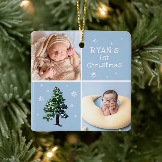 1. Weihnachten 2 Fotos Pine Tree Schneeflocken Keramikornament (Baum)